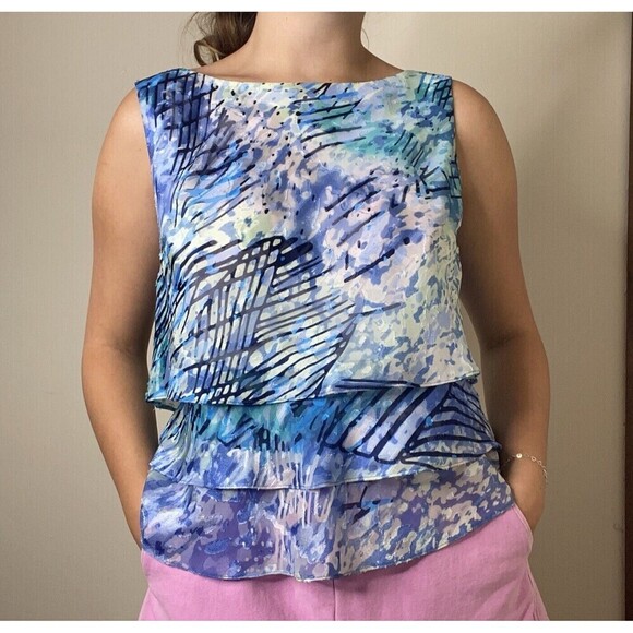 Alex Evenings Blue & Green Pattern Tiered Ruffle Tank Top Size Medium - Picture 1 of 10